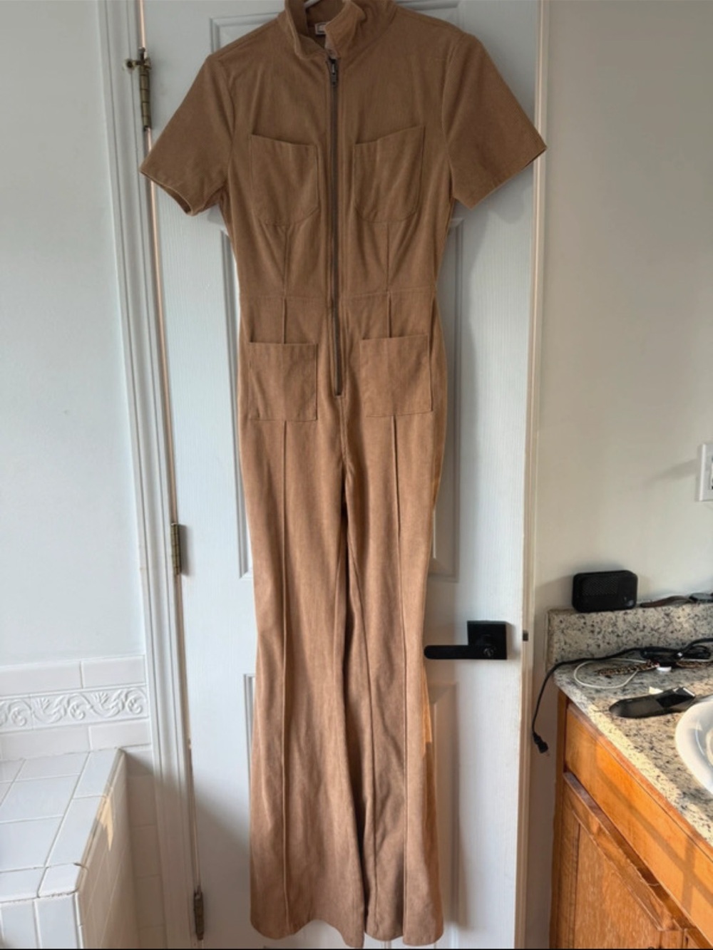 Flying Tomato Tan Short-Sleeve Jumpsuit with Front Zip